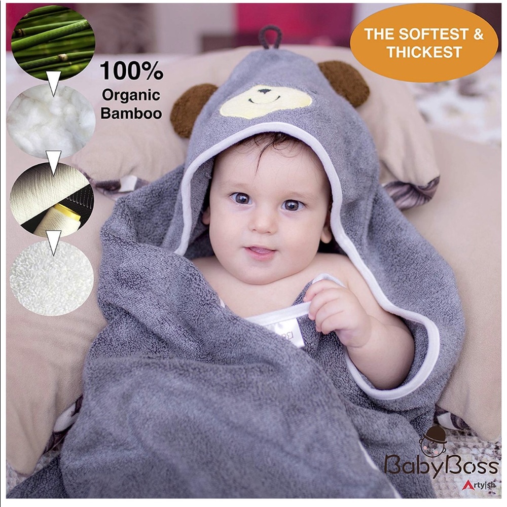 Grey Hooded Baby Towel -  100% Organic Bamboo